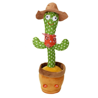 Говорящий танцующий кактус с коричневой шляпой и подсветкой Dancing Cactus 32 см, поющий, повторюшка USB Зарядка
